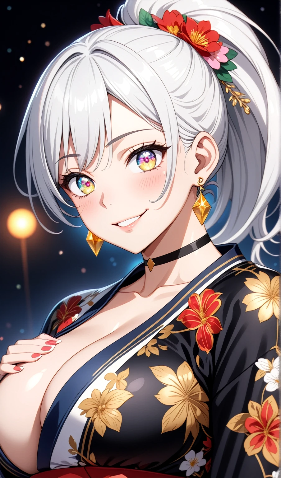 ((One personの女性)), Beautiful Face,Laughing embarrassedly,((Wink:1.7)), ((smirk:1.3)), (Tilt your head:1.2), Laugh with your mouth wide open,((Bright red cheeks:1.4)),Shiny red lips,night,rooftop,You can see the ocean, firework,Laughing with your mouth open,Facial Lighting,((Anime style background)),masterpiece, Highest quality, so beautiful,Latest, Complex details, (Pink long nails), (ring),(bracelet),(choker),AI-generated, Complex,High resolution, Highest quality, super high quality,3D Images、3D Images,One person,Long white hair,High Ponytail,(blue eyes),Anime woman posing for a photo, ((fine grain、Silver-white colorful eyes、Shining Eyes:1.4)),(Squint your eyes:1.1),a hyperRealistic , hyperRealistic , Realistic,Long white hairのアニメ女性, Smooth anime CG art, A woman in a colorful kimono with gold embroidery, (Black long sleeve kimono),Red floral pattern,Long flower hair ornament,Floral Earrings,Mature Body,(Big Breasts:1.1),Tall,Abdominal muscles,Tight waist,(Zoom up to face:1.5),Photographed from the front