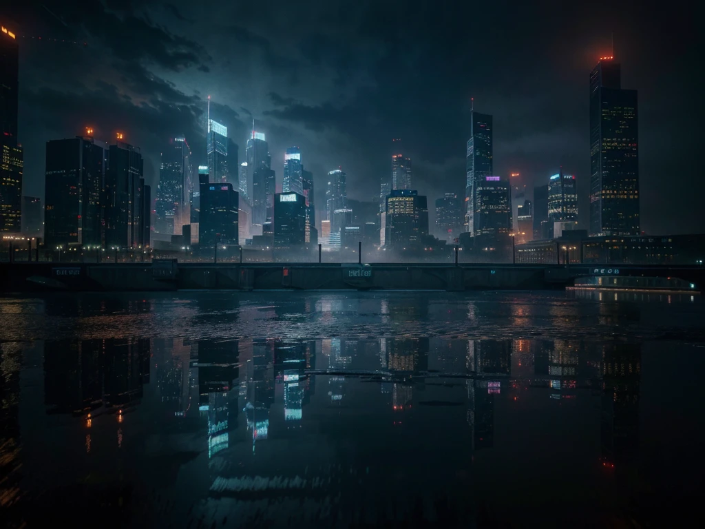 a night city, skyscrapers, cityscape, reflections on water, neon lights, rain, wet streets, moody atmosphere, dramatic lighting, cinematic, cyberpunk, sci-fi, (best quality,4k,8k,highres,masterpiece:1.2),ultra-detailed,(realistic,photorealistic,photo-realistic:1.37),cinematic lighting,volumetric fog,dramatic shadows