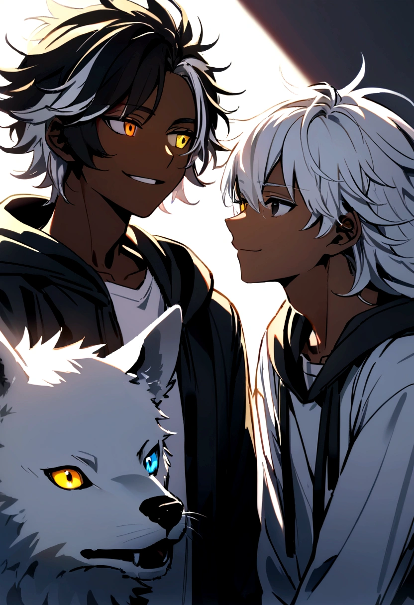 white  shirt, wearing a black hoodie , yellow and black eyes heterochromia, calm smile expression, Messy hair , Medium length hair , 1 men , multicolored black and white hair , two tone hair , dark skin color , with a white wolf , the two looking at each other