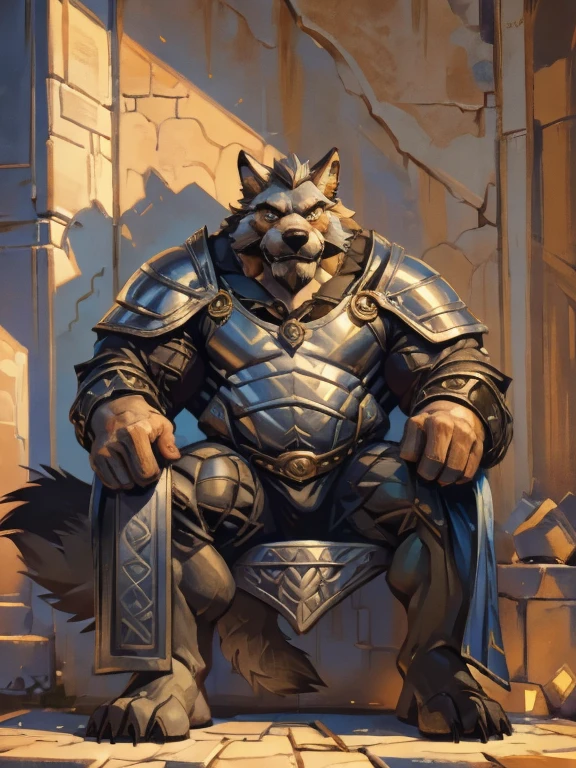 burly virile hairy man, with two wolf ears and a bushy tail, in a suit of armor, middle-aged, hirsute, overmuscular and musclebound, bulging veiny muscles, a warrior's build, a bodybuilder's physique, long bushy and a thick mustache, a square jaw, handsome and dreamy, grey hair, a king on his throne, in regal clothing