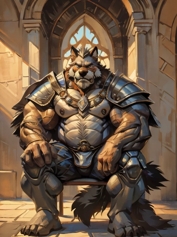 burly virile hairy man, with two wolf ears and a bushy tail, in a suit of armor, middle-aged, hirsute, overmuscular and musclebound, bulging veiny muscles, a warrior's build, a bodybuilder's physique, long bushy and a thick mustache, a square jaw, handsome and dreamy, grey hair, a king on his throne, in regal clothing