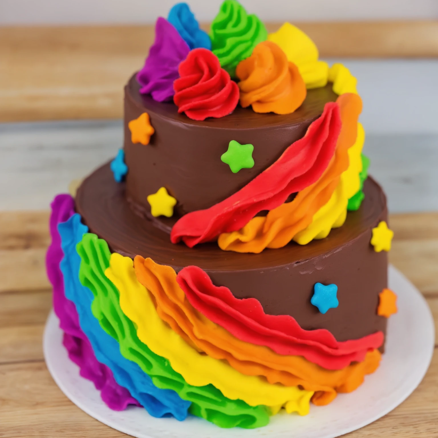 on a wooden table. there is a white plate. two-tier cake, chocolate cream cake, rainbow cream in the form of ruffles, decorated with rainbow stars made of polymer clay, multi-colored cream on top, against the background of the kitchen, Beautiful light from the window, contour light, Multiple light sources, beautiful lighting, Bright light source, bright lighting, beautiful light sources, Multiple light sources, Realistic style , realistic texture, detailed texture, A high resolution, high quality,