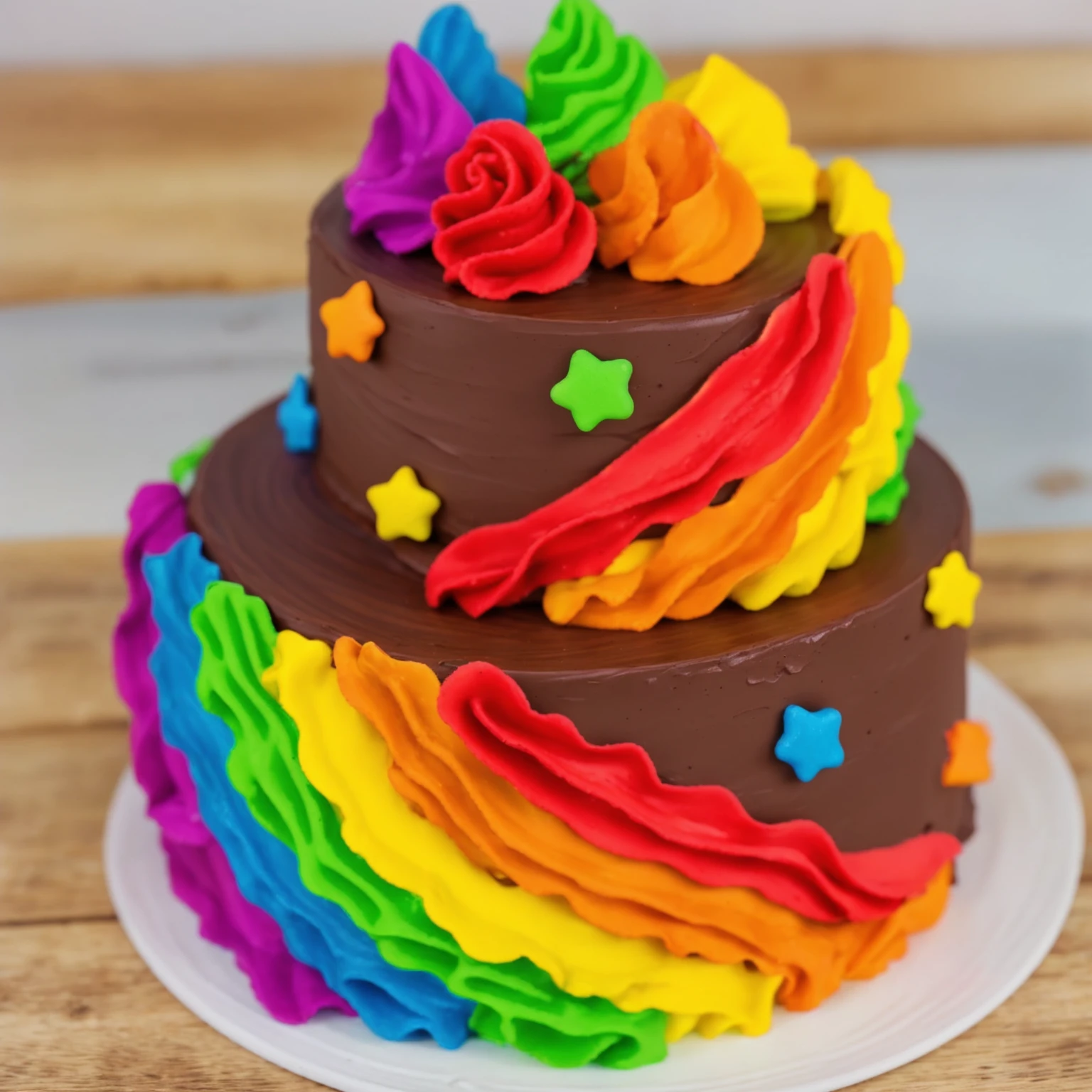 on a wooden table. there is a white plate. two-tier cake, chocolate cream cake, rainbow cream in the form of ruffles, decorated with rainbow stars made of polymer clay, multi-colored cream on top, against the background of the kitchen, Beautiful light from the window, contour light, Multiple light sources, beautiful lighting, Bright light source, bright lighting, beautiful light sources, Multiple light sources, Realistic style , realistic texture, detailed texture, A high resolution, high quality,