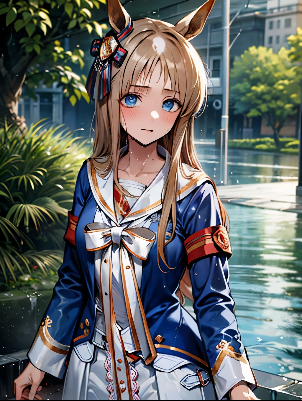 grass wonder \(Umamusume\), 1 girl, Solo, Best Quality, masutepiece, 8K, High resolution, Ultra-detailed, Blue jacket, White sailor color, Long sleeves, White skirt, (((wet hair, wet clothes, wet skin,))), rain,