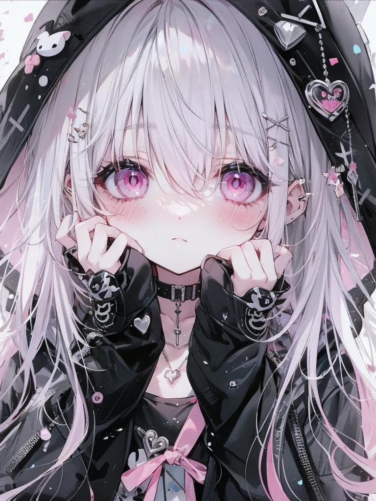 A cute girl with white hair, pink eyes, black hoodie 