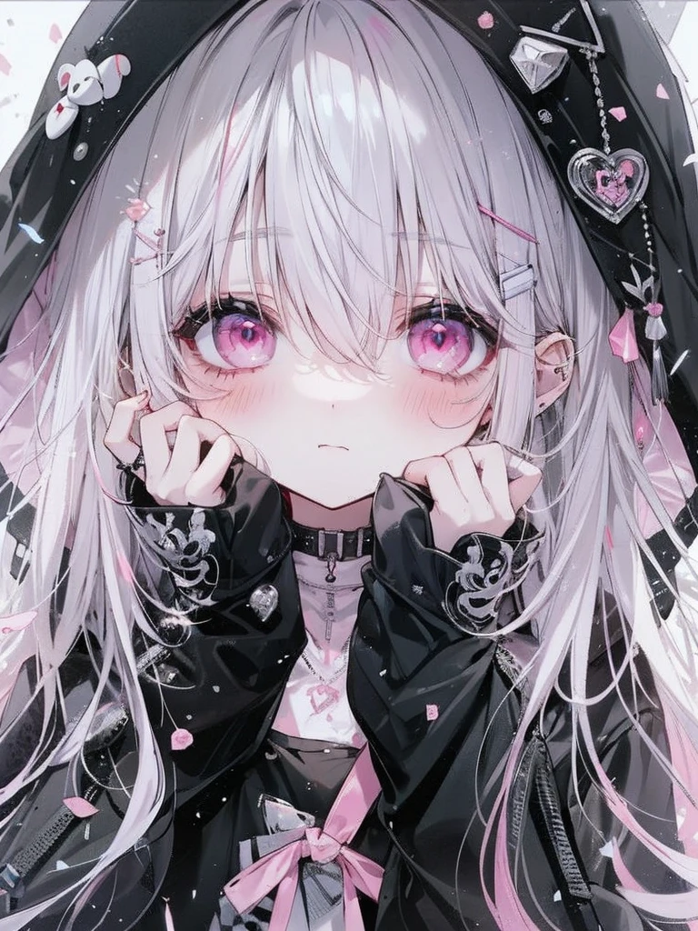 A cute girl with white hair, pink eyes, black hoodie