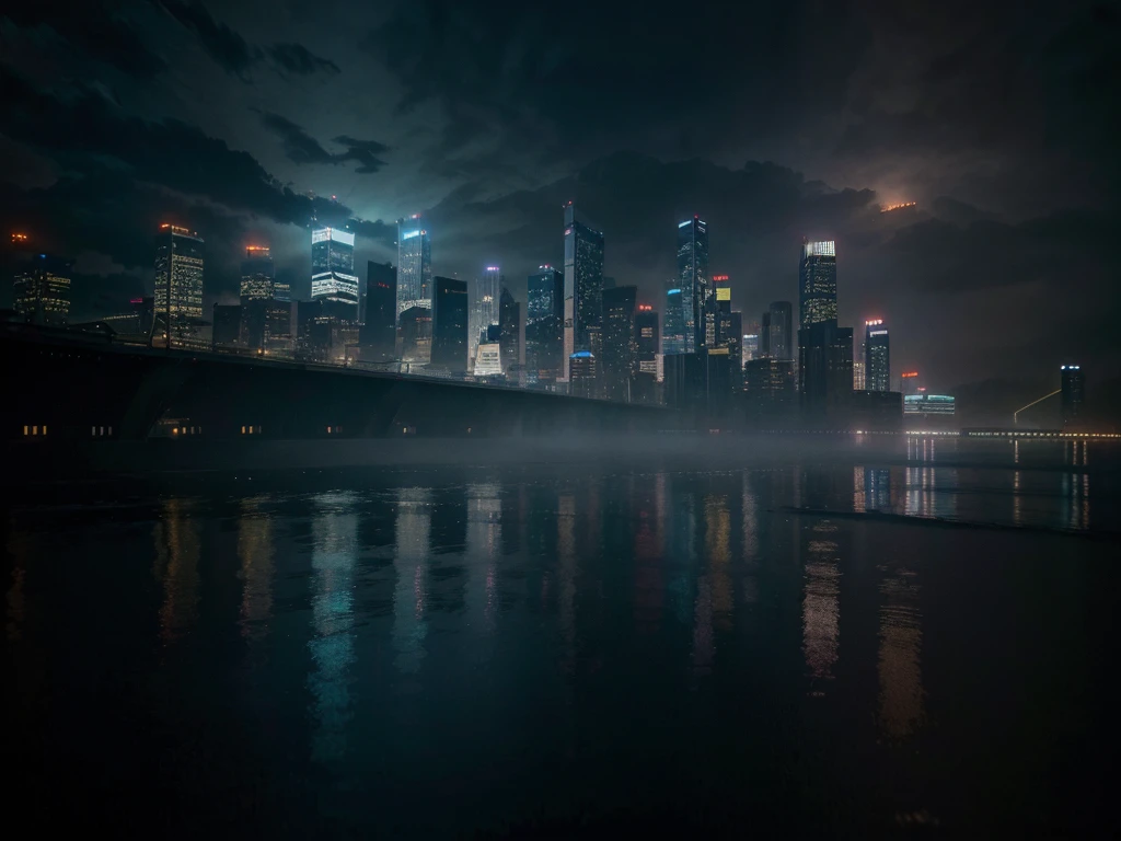 a night city, skyscrapers, cityscape, reflections on water, neon lights, rain, wet streets, moody atmosphere, dramatic lighting, cinematic, cyberpunk, sci-fi, (best quality,4k,8k,highres,masterpiece:1.2),ultra-detailed,(realistic,photorealistic,photo-realistic:1.37),cinematic lighting,volumetric fog,dramatic shadows