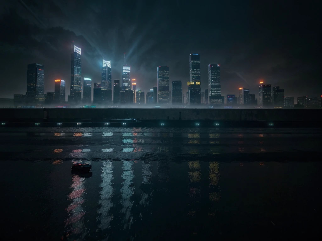a night city, skyscrapers, cityscape, reflections on water, neon lights, rain, wet streets, moody atmosphere, dramatic lighting, cinematic, cyberpunk, sci-fi, (best quality,4k,8k,highres,masterpiece:1.2),ultra-detailed,(realistic,photorealistic,photo-realistic:1.37),cinematic lighting,volumetric fog,dramatic shadows