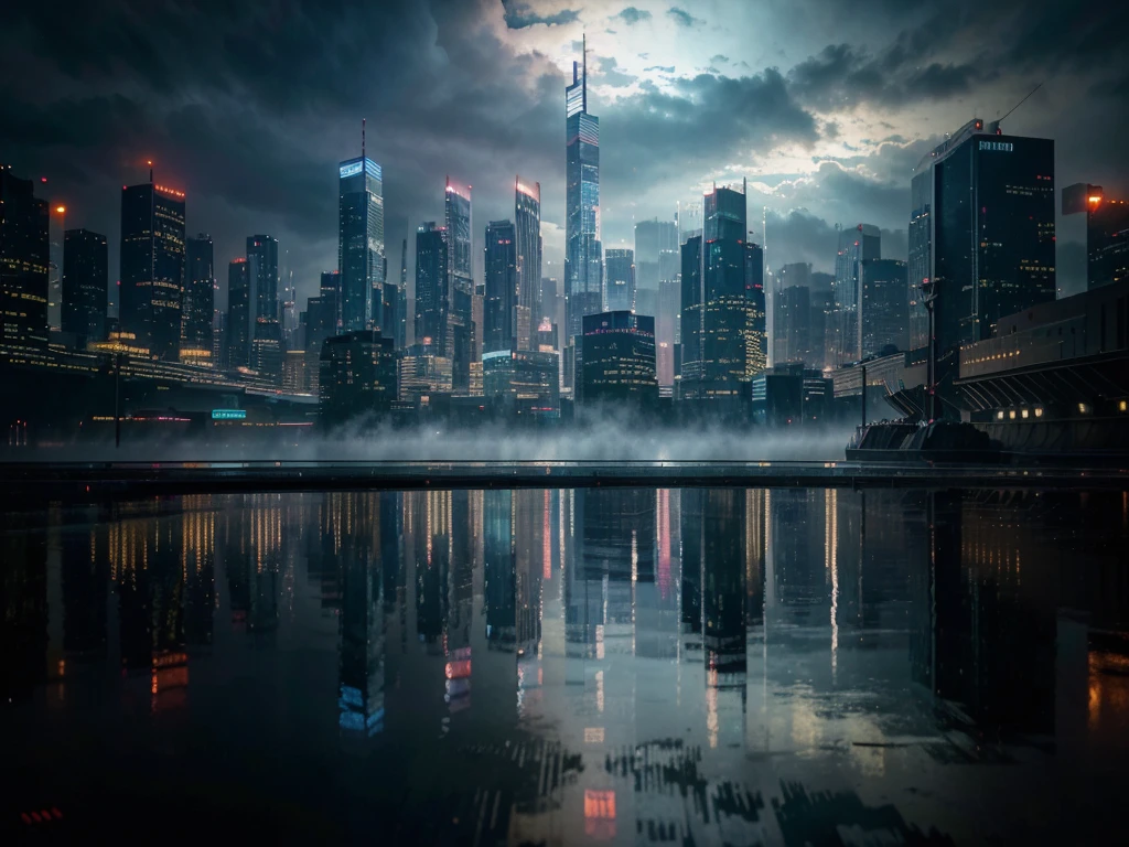 a night city, skyscrapers, cityscape, reflections on water, neon lights, rain, wet streets, moody atmosphere, dramatic lighting, cinematic, cyberpunk, sci-fi, (best quality,4k,8k,highres,masterpiece:1.2),ultra-detailed,(realistic,photorealistic,photo-realistic:1.37),cinematic lighting,volumetric fog,dramatic shadows