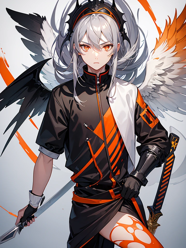 Male character gray hair and orange eyes with swords and black clothes and wings