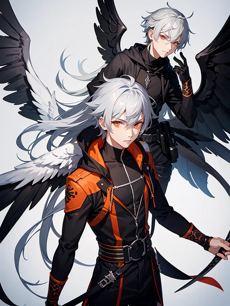 Male character gray hair and orange eyes with swords and black clothes and wings