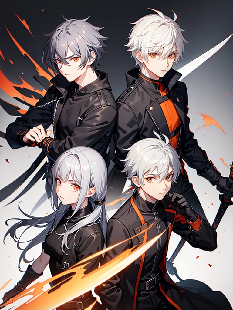 Male character gray hair and orange eyes with swords and black clothes and wings