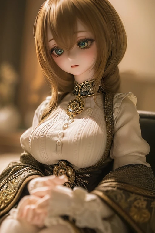 photorealistic, realistic photo, ((highest quality)), ((masterpiece)), (extremely detailed), kukolnydom, doll, (mature woman:1.7), solo, eye level shot, sitting on sofa, hands on knees, green eyes, (looking down, blank eyes, empty eyes, detailed eyes:1.3), light smile, dress, museum, 8k