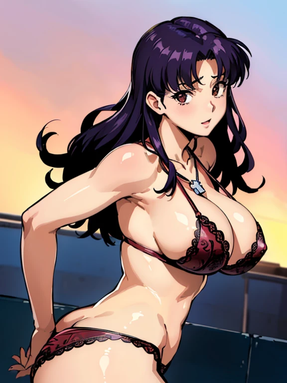 (masutepiece),(Best Quality), Katsuragi Misato,  Brown eyes,  Cross Necklace,  、((Smaller head)）、1 female、Urban streets、Pink lace underwear、With your back turned、Turned、BIG ASS，Huge brts，Textur、extremely detailed eye and face、beatiful detailed eyes、double eyelid、huge filesize、(Increase the beauty of skin texture:1.1)、hight resolution、highlydetailed skin、top-quality、8k wallpaper、Movie Lighting、large boob,Seductive underwI can see the chest