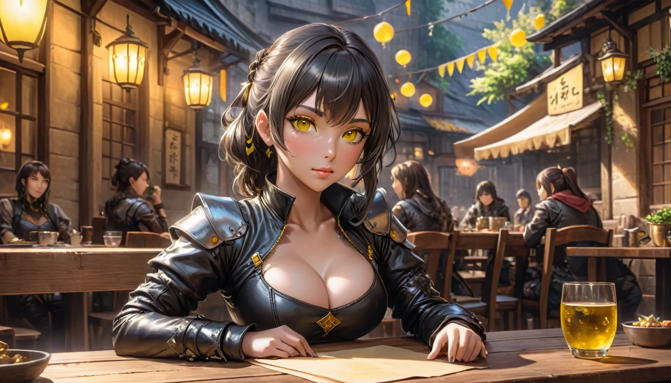 anime scene of a woman in leathers sitting at a table, concept art by Yang J, trending on Artstation, fantasy art, artwork in the style of guweiz, guweiz, hyperrealistic d & d fantasy art, relaxing concept art, 2. 5 d cgi anime fantasy artwork, wlop and krenz cushart, warm fantasy lighting,charcoal and yellow striped