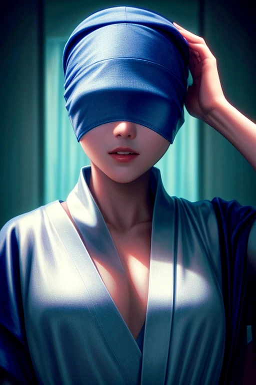 masterpiece, best quality, cinematic photo of masterpiece, best quality, cinematic photo of bald young korean kpop idol woman with shaved head, sleep cap covering head, ears, and eyes, sleep cap covering eyes as a blindfold, sleep cap hooded over eyes as a blindfold, showing cleavage, photograph, film, highres, photograph, film, highres