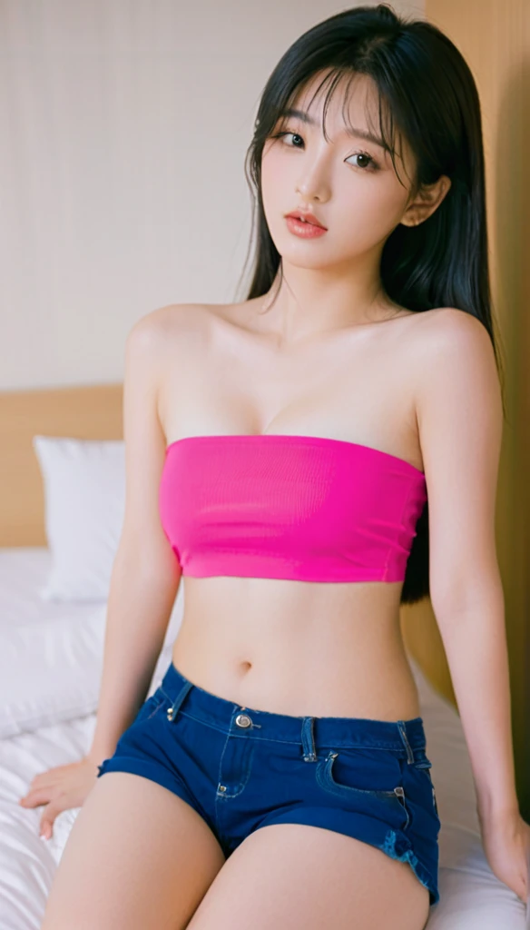 close-up of beautiful South Korean, An Yujin is a IVE South Korean pop girl group, age 20 years old girl, youthful face, perfect body, white body skin, very long hair, black hair, straight hair, 36 inches breasts size, wearing a plain hot pink strapless tube top, wearing a tight plain dark blue short pants, Yujin's clothes were cut off by my boyfriend using scissors from the tank top to the tube top to make Yujin sigh and tease, strand by strand Yujin's clothes fell because they had been cut, the rest of Yujin's clothes were scattered at the bottom because they had been cut, Yujin's clothes showed off her breasts because they were cut off by my boyfriend so that they looked more sexy and seductive, sexy looking pose, pose a naughty look, pose looks seductive, at the boyfriend bedroom, boyfriend bedroom background, UHD