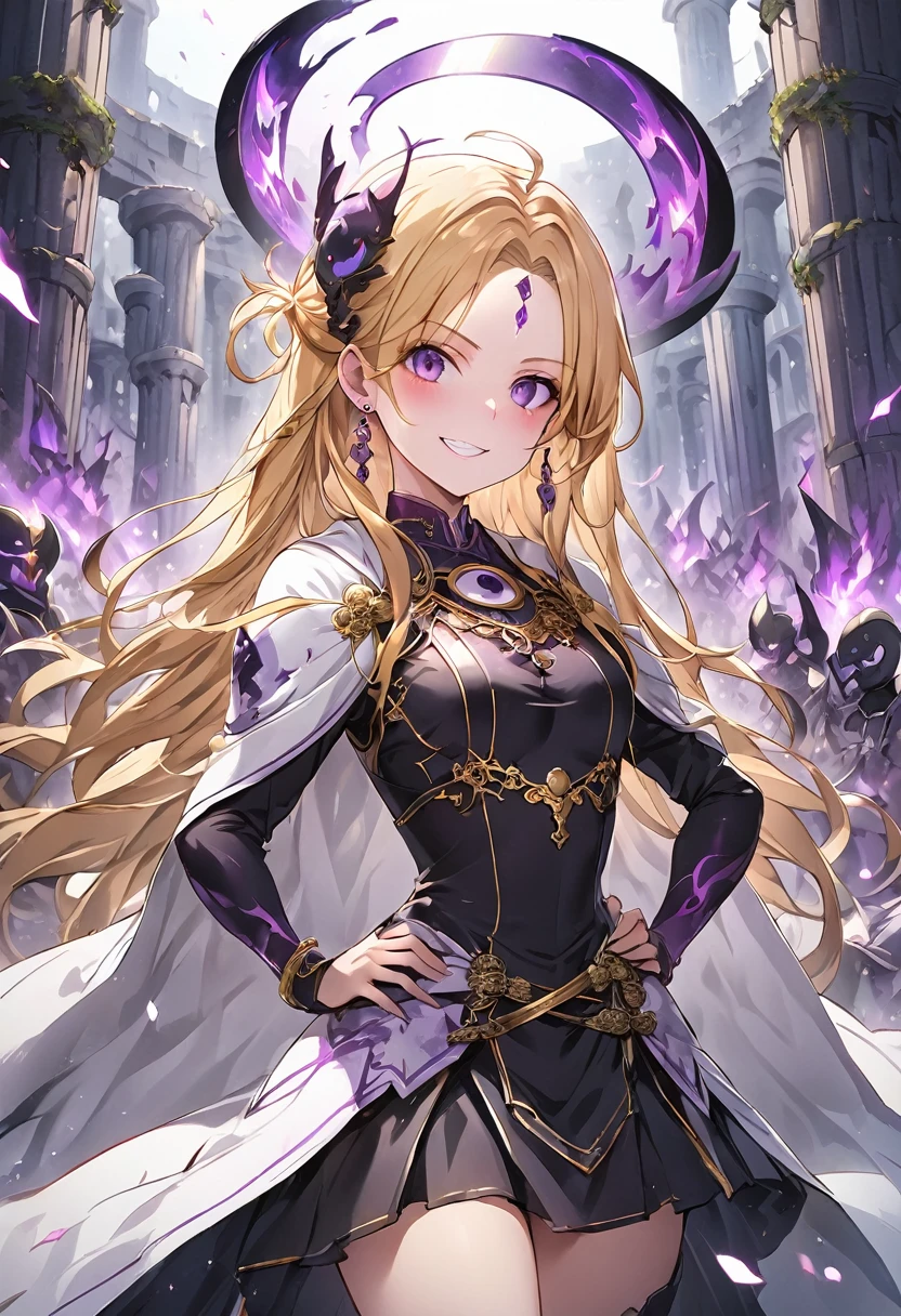 ((highest quality)), ((masterpiece)), (detailed), （Perfect Face）、The woman is Alien Princess Leona, wearing a gorgeous alien dress decorated in purple and black with gold, with long light brown hair and a completely alien body.、The woman is happily cuddling with the powerful alien king.