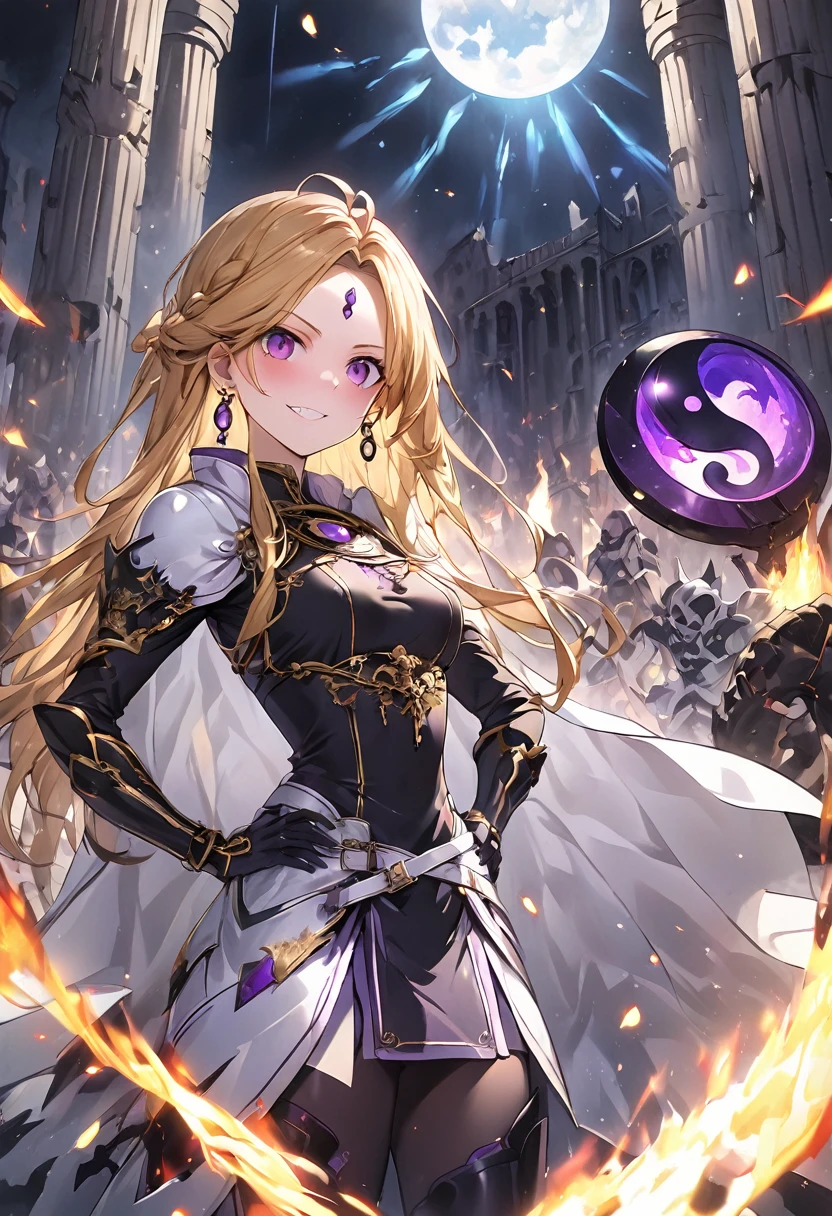 dark persona, ecstasy, looking at viewer, armor, hand on own hip, happy, blush, evil grin, black leg armor, knight, long hair, octagonal yin yang mirror, purple eyes, audience, forehead jewel, pillars of purple fire, 1 woman, white cape, runes, black dress, Ruined city, gold decoration, at midnight, gold hair, earring, chains, yin yang, skirt, beautiful art, depth of field, high res, perfect face, detailed outfit