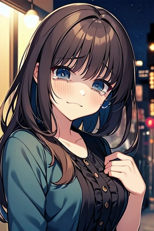 masterpiece, super details, best quality, beautiful girl, blouse, crying, shaded face, night, town