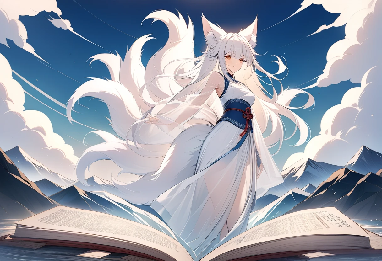 HD,The mythical beast nine tailed white fox in the ancient Chinese Book of Mountains and Seas，Some of the nine tails are translucent