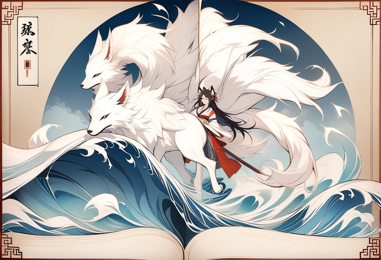 HD,The mythical beast nine tailed white fox in the ancient Chinese Book of Mountains and Seas，Some of the nine tails are translucent