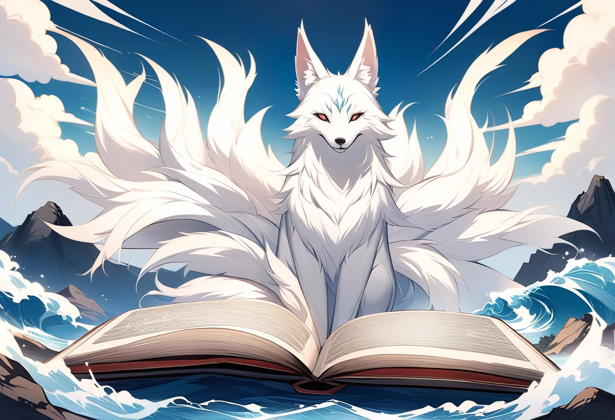 HD,The mythical beast nine tailed white fox in the ancient Chinese Book of Mountains and Seas，Some of the nine tails are translucent