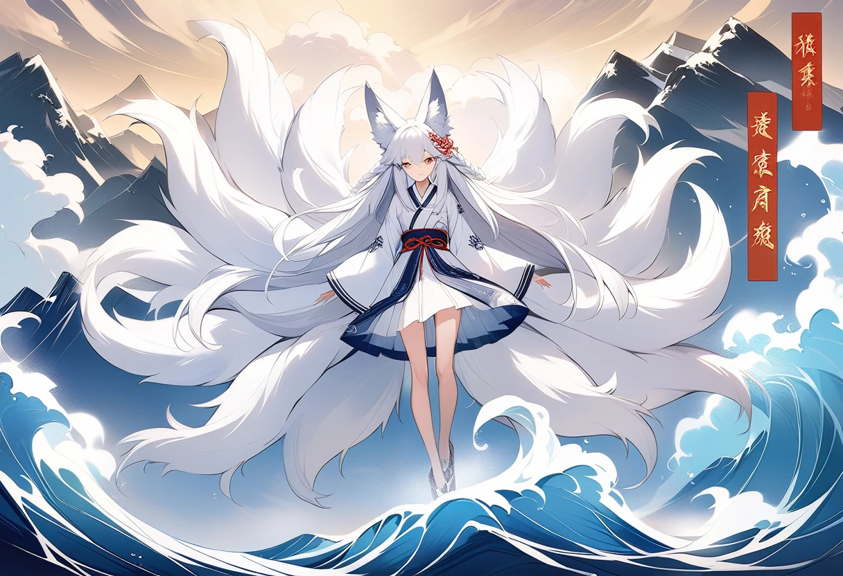 HD,The mythical beast nine tailed white fox in the ancient Chinese Book of Mountains and Seas，Some of the nine tails are translucent