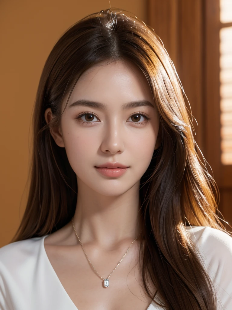 1girl, alone, solitary, high quality, (best quality,4k,8k,highres,masterpiece:1.2),ultra-detailed,(realistic,photorealistic,photo-realistic:1.37),gorgeous hair,light brown hair,long hair,puffy eyes,mole on the cheek,plump lips,necklace,(high detailed skin:1.4),(light room:1.3),(rim lighting:1.3),(lit:1.3),(sunny day:1.3),indoors,portrait,smirk