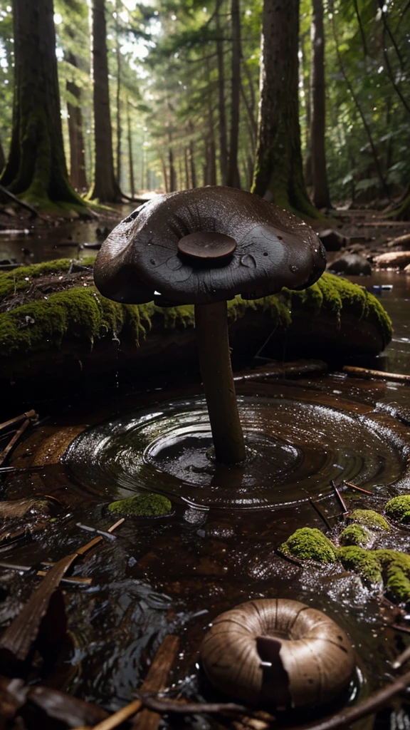 small black mushroom, forest realistic, hdr, water