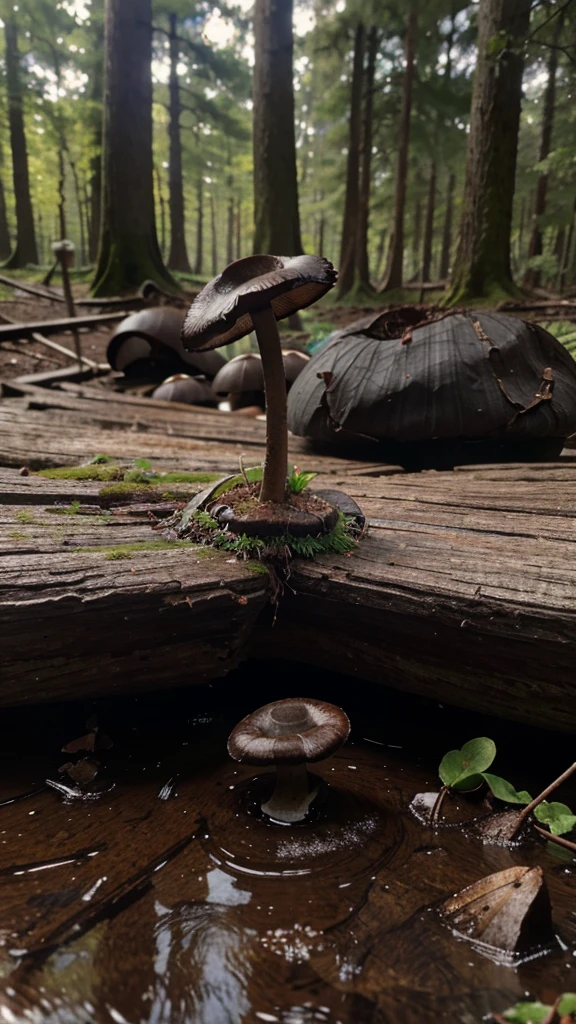 small black mushroom, forest realistic, hdr, water