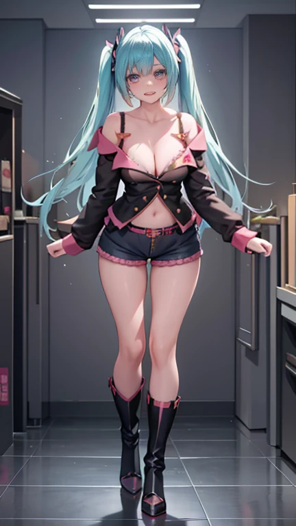 1girl,solo,standing,large breasts, cleavage,
Denim Shorts, off shoulder, buttons, navel, lace-trimmed legwear, arms at sides, boots, light smile, hatsune miku, full body veiw, in a modern shopping mall