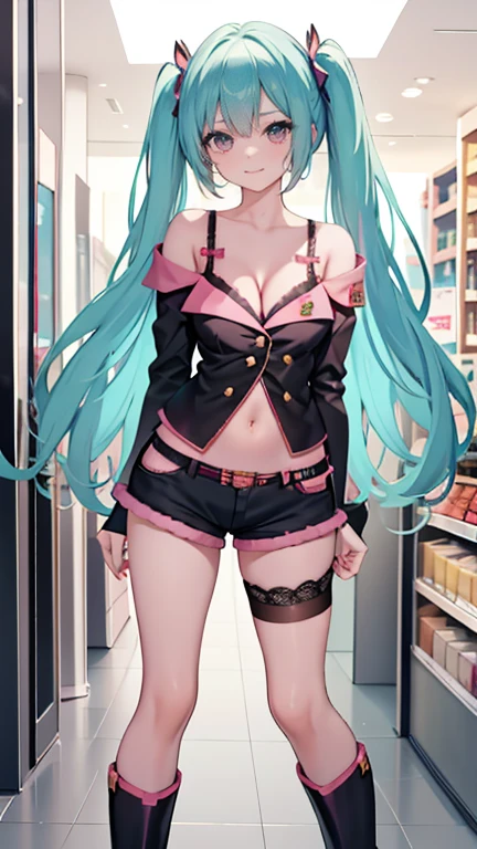 1girl,solo,standing,large breasts, cleavage, 
Denim Shorts, off shoulder, buttons, navel, lace-trimmed legwear, arms at sides,  boots, light smile, hatsune miku, full body veiw, in a modern shopping mall