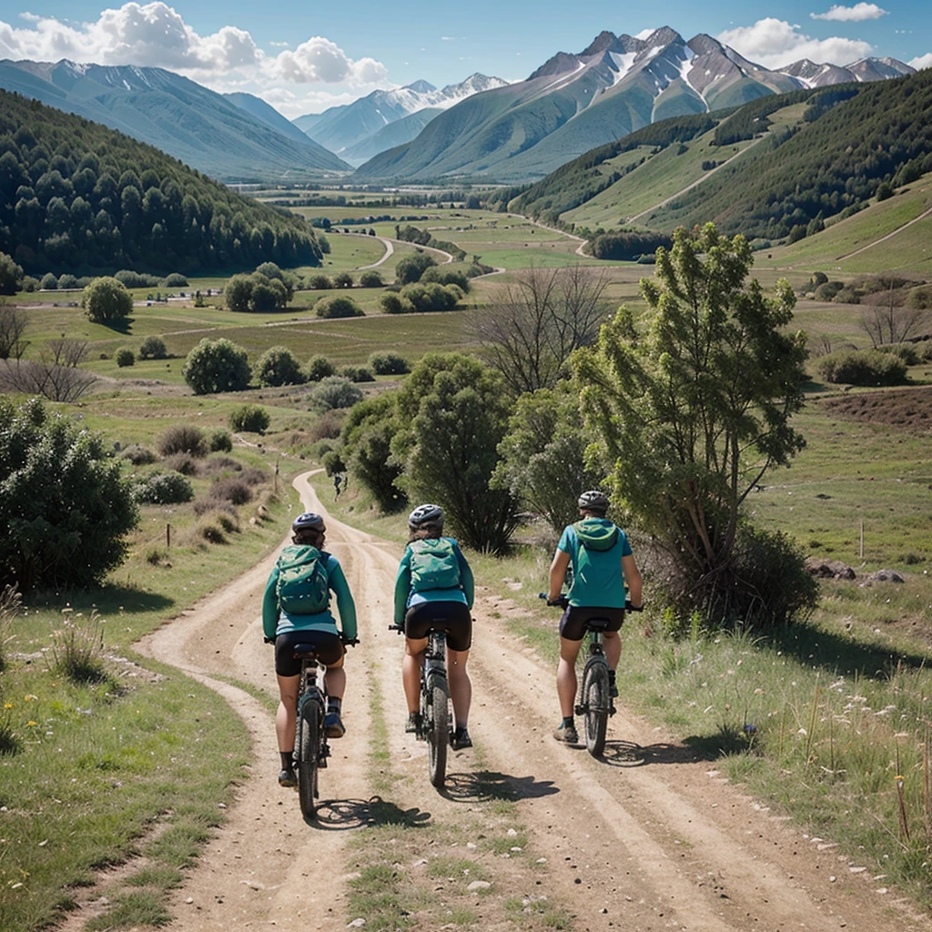 family of 4 on mtb bike on cycle path with green landscape and mountains