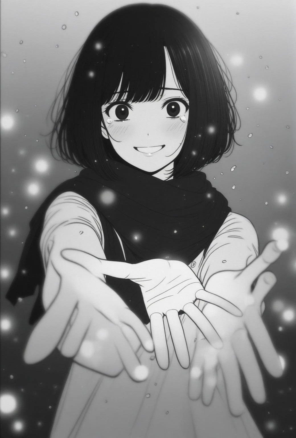 masterpiece, best quality, 1girl, mamerakkkkko, grayscale, manga style, japanese, chi no wadachi, black eyes, street, iced, black hair, schoolbag, smile, lineart, black coat, black scarf, black pleated skirt, leggins, centered, adult female:1.4, tall, fair skinned, bokeh background, crying, tears, tears streaming, bob cut, light particles, centered, snowing, (((reaching out left hand to viewer, perfect hand, detailed hand:1.1)), emotional anime scene, (center focus, mobile adapted)
