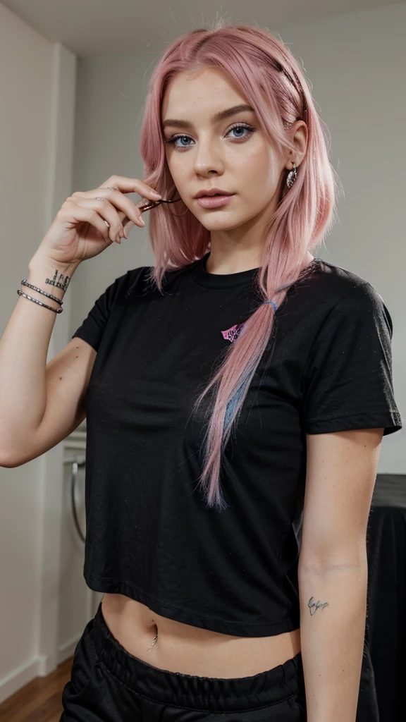 Pretty influencer with pink hair, blue eyes and a nose ring wearing a black t-shirt