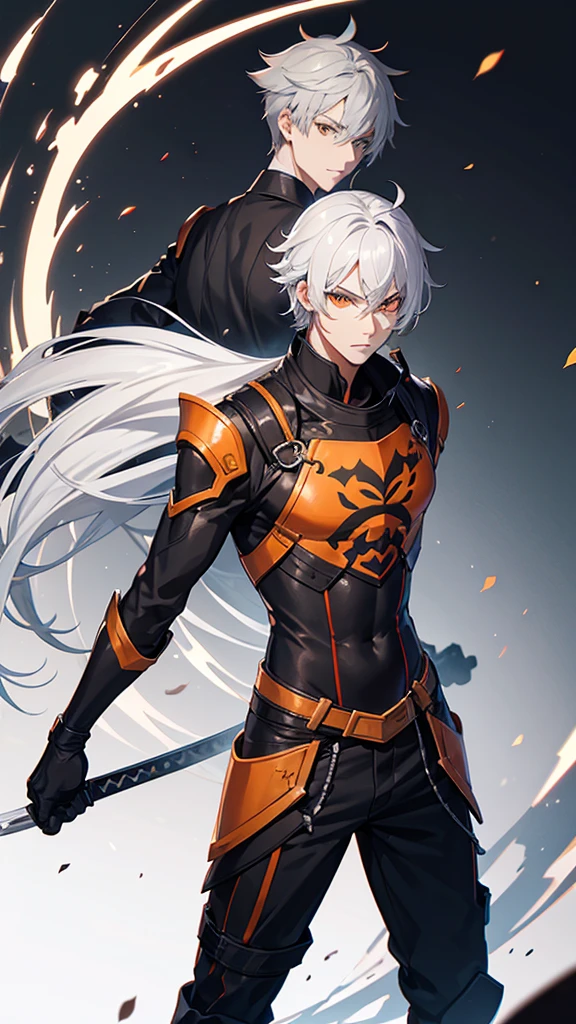 Male character with gray hair and orange eyes with swords