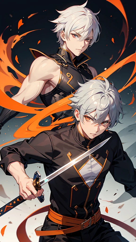 Male character with gray hair and orange eyes with swords