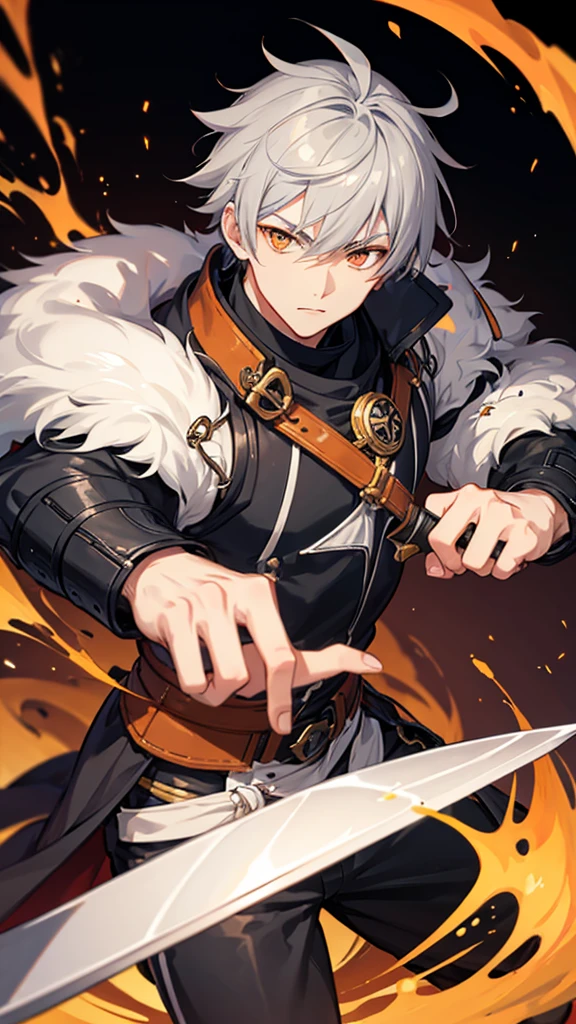Male character with gray hair and orange eyes with swords