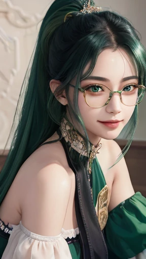 (light green eyes:1.2)、best smile、blue black hair,mixed green hair、very long hair, Long ponytail,Good-looking hair accessories,light green eyes,red glasses,Red Half-rimmed Glasses,(original photography、top quality)、(realistic、Realism:1.3)、top quality、Masterpiece、extremely delicate and beautiful、A hVery detailed、north african trade zone、sense of unity、2k wallpaper、Gorgeous、every detail is beautiful、Masterpiece、Smile、top quality、HVery detailed ticker Unity 8K wallpapers、File size is huge、Super detailed、high resolution、Very detailed、1 female、slim、D cup、(Sailor suit:0.7)、(black stockings:1.2)、Look ahead、sharp focus、face close-up、pure face_v1:0.8 Long hair、Instagram、viewer's perspective,cleavge