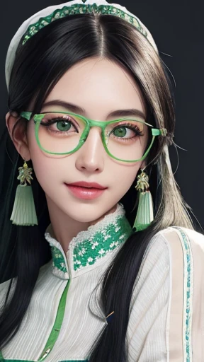 (light green eyes:1.2)、best smile、blue black hair,mixed green hair、very long hair, Long ponytail,Good-looking hair accessories,light green eyes,red glasses,Red Half-rimmed Glasses,(original photography、top quality)、(realistic、Realism:1.3)、top quality、Masterpiece、extremely delicate and beautiful、A hVery detailed、north african trade zone、sense of unity、2k wallpaper、Gorgeous、every detail is beautiful、Masterpiece、Smile、top quality、HVery detailed ticker Unity 8K wallpapers、File size is huge、Super detailed、high resolution、Very detailed、1 female、slim、D cup、(Sailor suit:0.7)、(black stockings:1.2)、Look ahead、sharp focus、face close-up、pure face_v1:0.8 Long hair、Instagram、viewer's perspective,cleavge