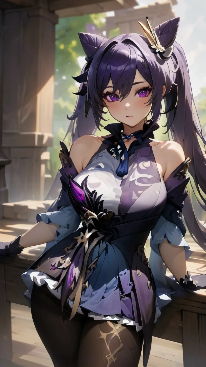 (Realistic painting style:1.0), masterpiece, best quality,  absurdres, looking at viewer, solo, keqing (piercing thunderbolt) (genshin impact), keqing (genshin impact), pantyhose, hair bun, purple hair, gloves, twintails, long hair, purple eyes, diamond-shaped pupils, bare shoulders, hair ornament, black pantyhose, cone hair bun, detached sleeves,dress, jewelry, large breasts, earrings, bangs, frills, purple dress, black gloves, braid, skirt,