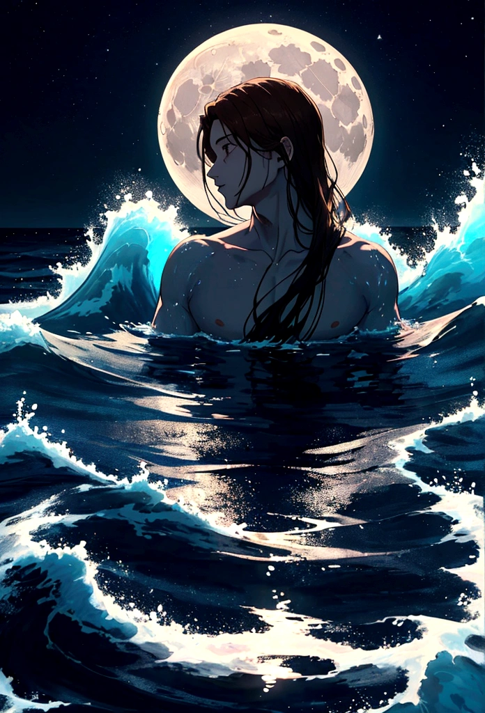 Create an image where the background is the dark sea at night, that the canvas is 80 cm by 60 cm, the color palette an analogy of blues with different saturations, In the third plane are the reflections of the moon on the water, in the background a woman of approximately 15 years old with light brown hair, you can only see him from the chest up, he is drowning and panicking, you can only see his face, only his chest, the shoulders and neck since his head is turned back, Even though he is drowning, he tries with one of his hands to save a crystal rose that seems to be very valuable., For this he uses acrylic. Please note that at no point in the image is the sky visible., The background is completely the sea and the moon is not visible either., only its distorted reflection in the waves.