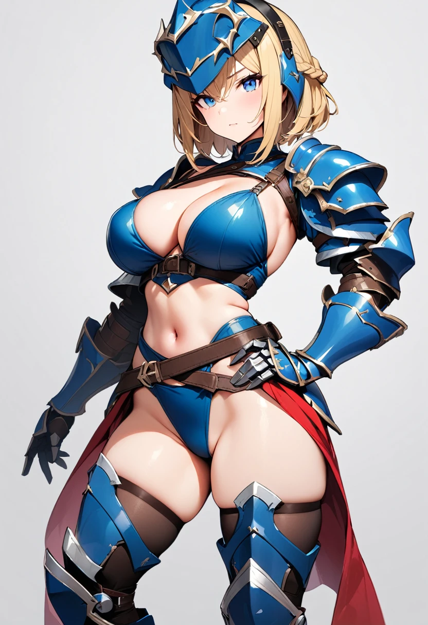 (masterpiece:1.2), (highest quality:1.2), 1girl, solo, armor, simple-background, bikini-armo, breasts, full-body, blue-eyes, large-breasts, blonde-hair, thighhighs, navel, gauntlets, shoulder-armor, pauldrons, cleavage, hand-on-hip, armored-boots, standing, looking-at-viewer, short-hair, helmet, high-heels, braid, greaves
