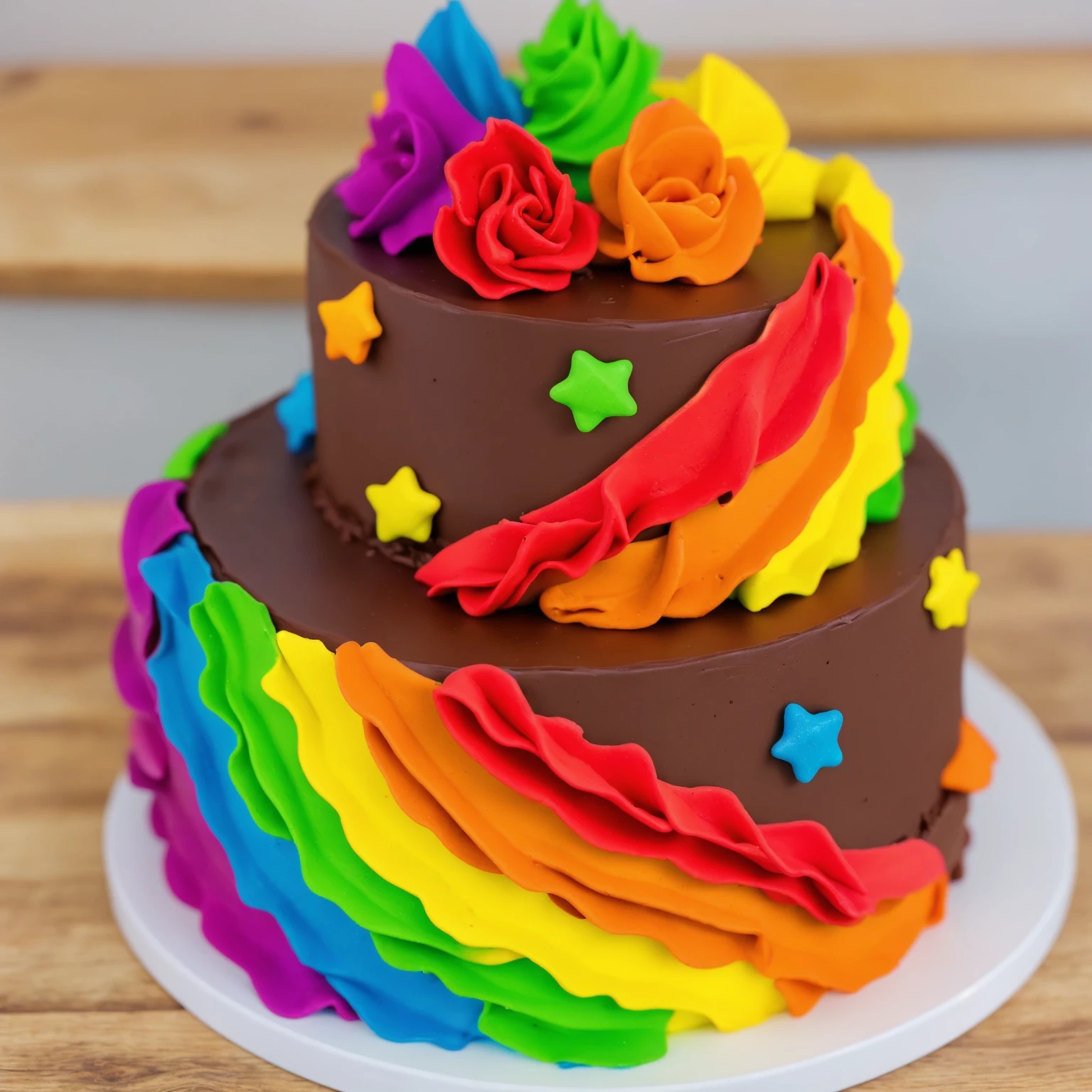 on a wooden table. there is a white plate. two-tier cake, chocolate cream cake, rainbow cream in the form of ruffles, decorated with rainbow stars made of polymer clay, multi-colored cream on top, against the background of the kitchen, Beautiful light from the window, contour light, Multiple light sources, beautiful lighting, Bright light source, bright lighting, beautiful light sources, Multiple light sources, Realistic style , realistic texture, detailed texture, A high resolution, high quality,