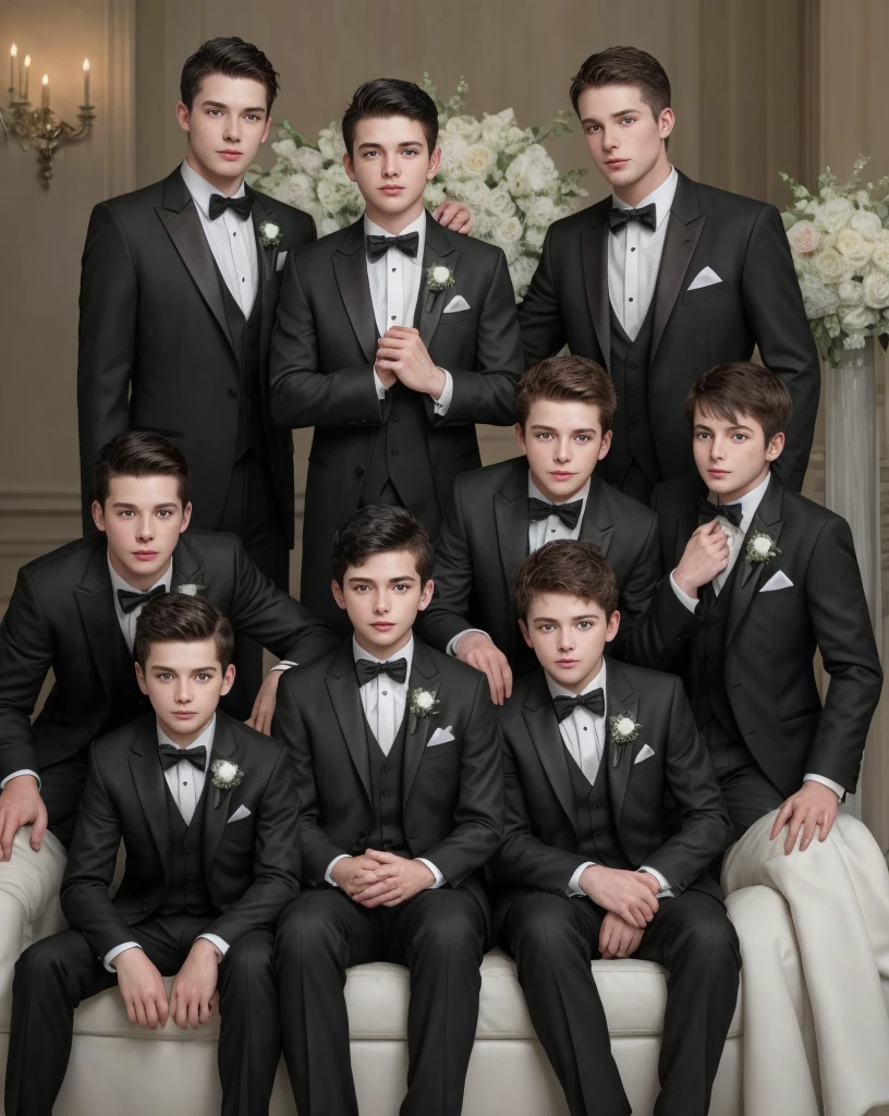 Group of rich and smart boys in tuxedos for a wedding 