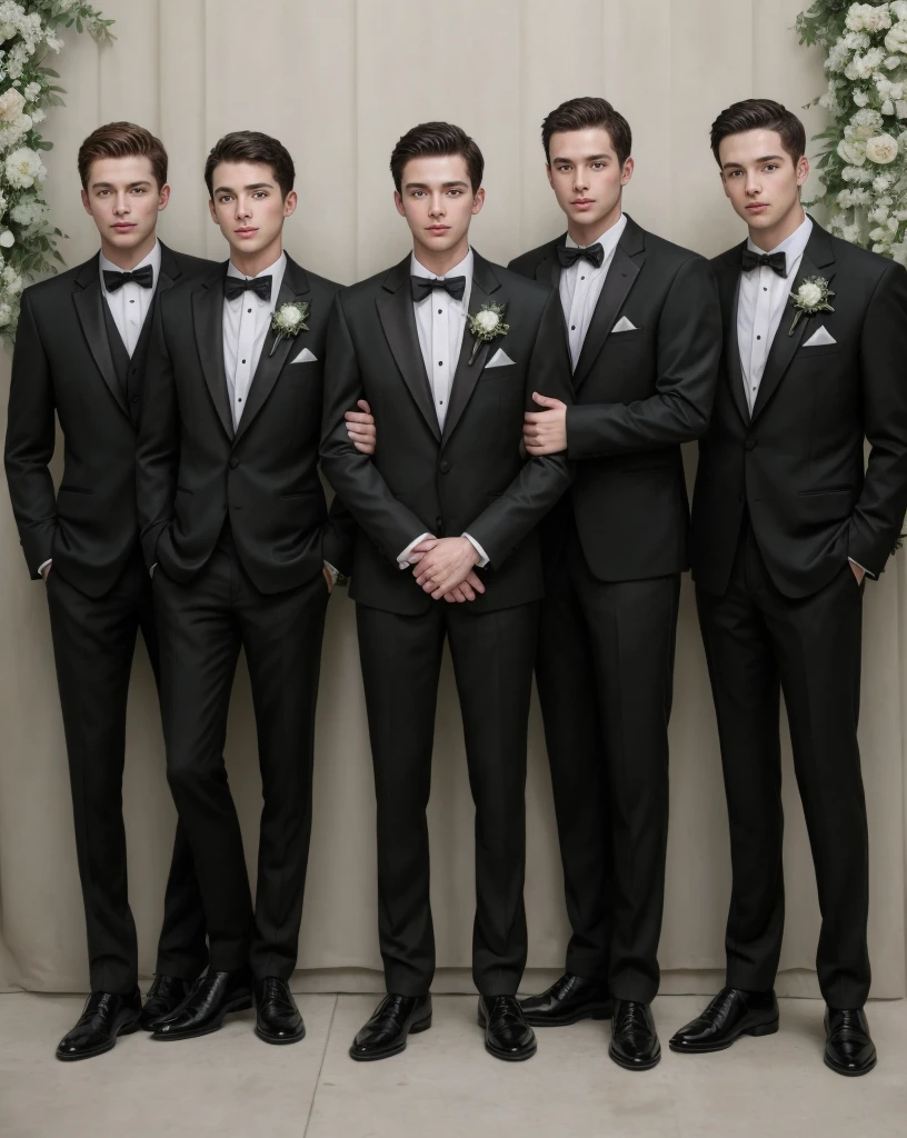 Group of rich and smart boys in tuxedos for a wedding 