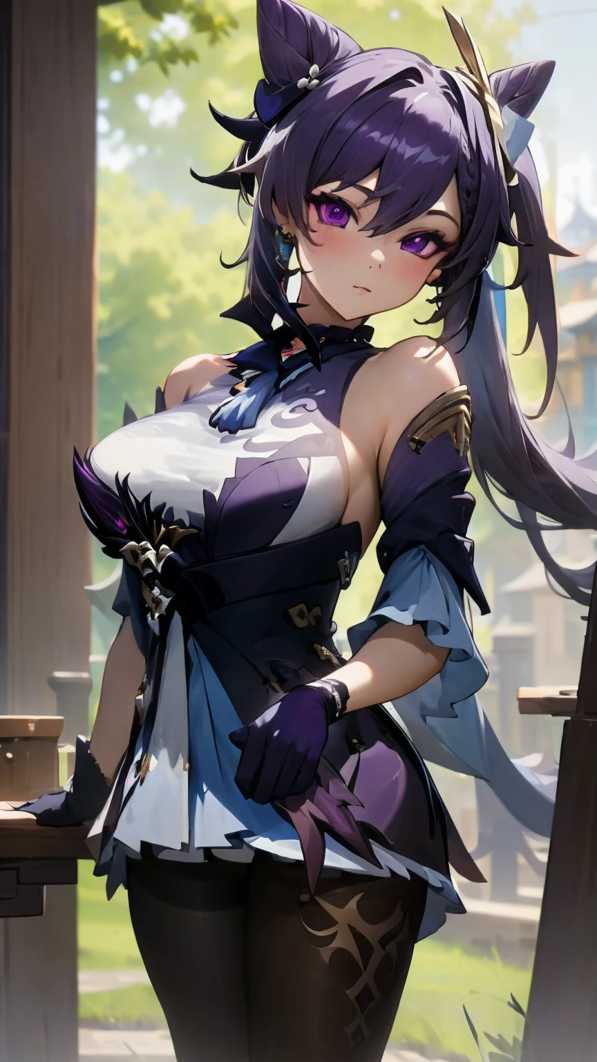 (Realistic painting style:1.0), masterpiece, best quality,  absurdres, looking at viewer, solo, keqing (piercing thunderbolt) (genshin impact), keqing (genshin impact), pantyhose, hair bun, purple hair, gloves, twintails, long hair, purple eyes, diamond-shaped pupils, bare shoulders, hair ornament, black pantyhose, cone hair bun, detached sleeves,dress, jewelry, large breasts, earrings, bangs, frills, purple dress, black gloves, braid, skirt,