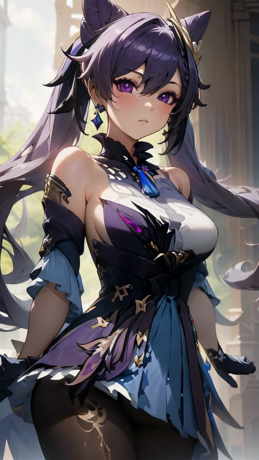 (Realistic painting style:1.0), masterpiece, best quality,  absurdres, looking at viewer, solo, keqing (piercing thunderbolt) (genshin impact), keqing (genshin impact), pantyhose, hair bun, purple hair, gloves, twintails, long hair, purple eyes, diamond-shaped pupils, bare shoulders, hair ornament, black pantyhose, cone hair bun, detached sleeves,dress, jewelry, large breasts, earrings, bangs, frills, purple dress, black gloves, braid, skirt,