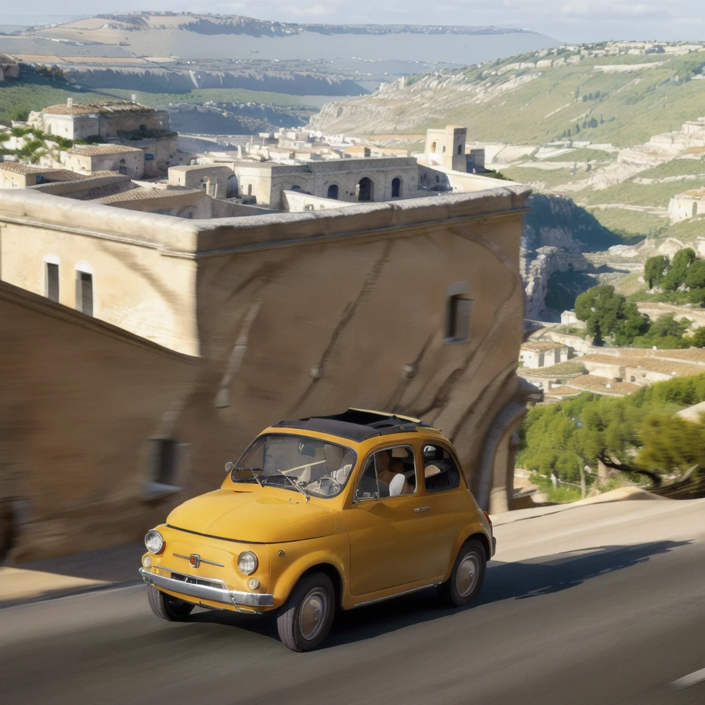 (FIAT500, classical old Italian Fiat 500 car, sassi_di_matera), Lupin III drives the yellow Fiat 500 through the alleys of the Sassi of Matera. Photorealistic shot giving the motion blur of speed. In background Sassi of Matera landscape. blurred foreground.